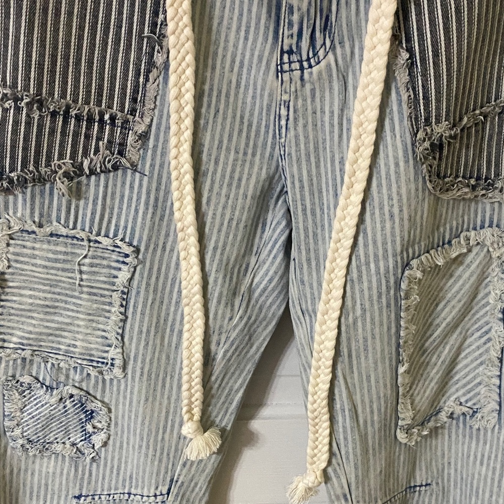 Oli & Hali Multi Stripe Patchwork Denim Barrel Jeans Light Wash Boho Size Small - Picture 4 of 9